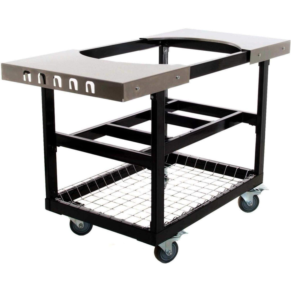 Grill cart with stainless top and black frame, lower wire shelf, and caster wheels