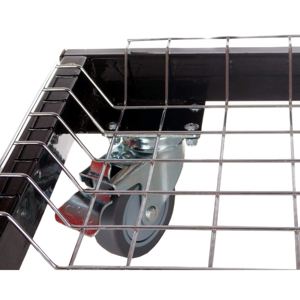 Caster wheel and chrome wire shelf on a black grill cart