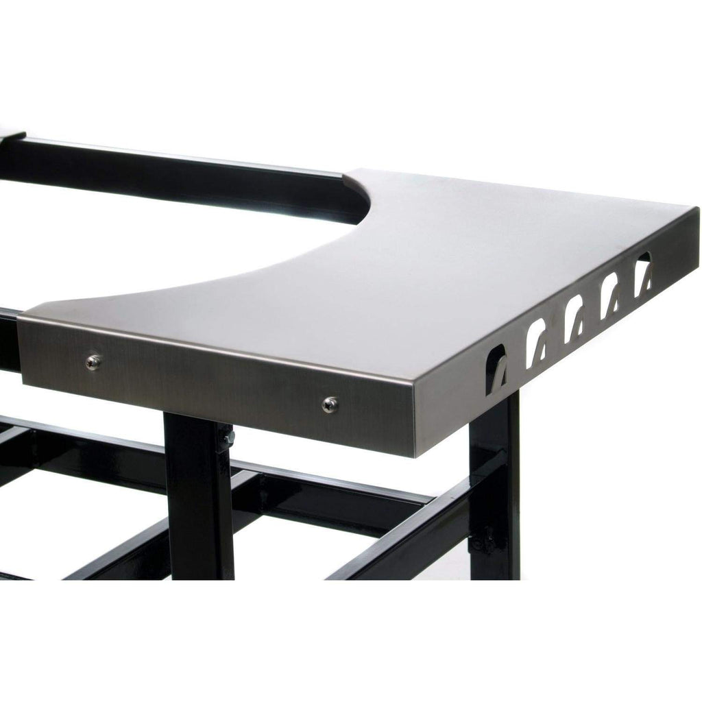 Stainless tabletop grill cart with black legs and oval hand cutout