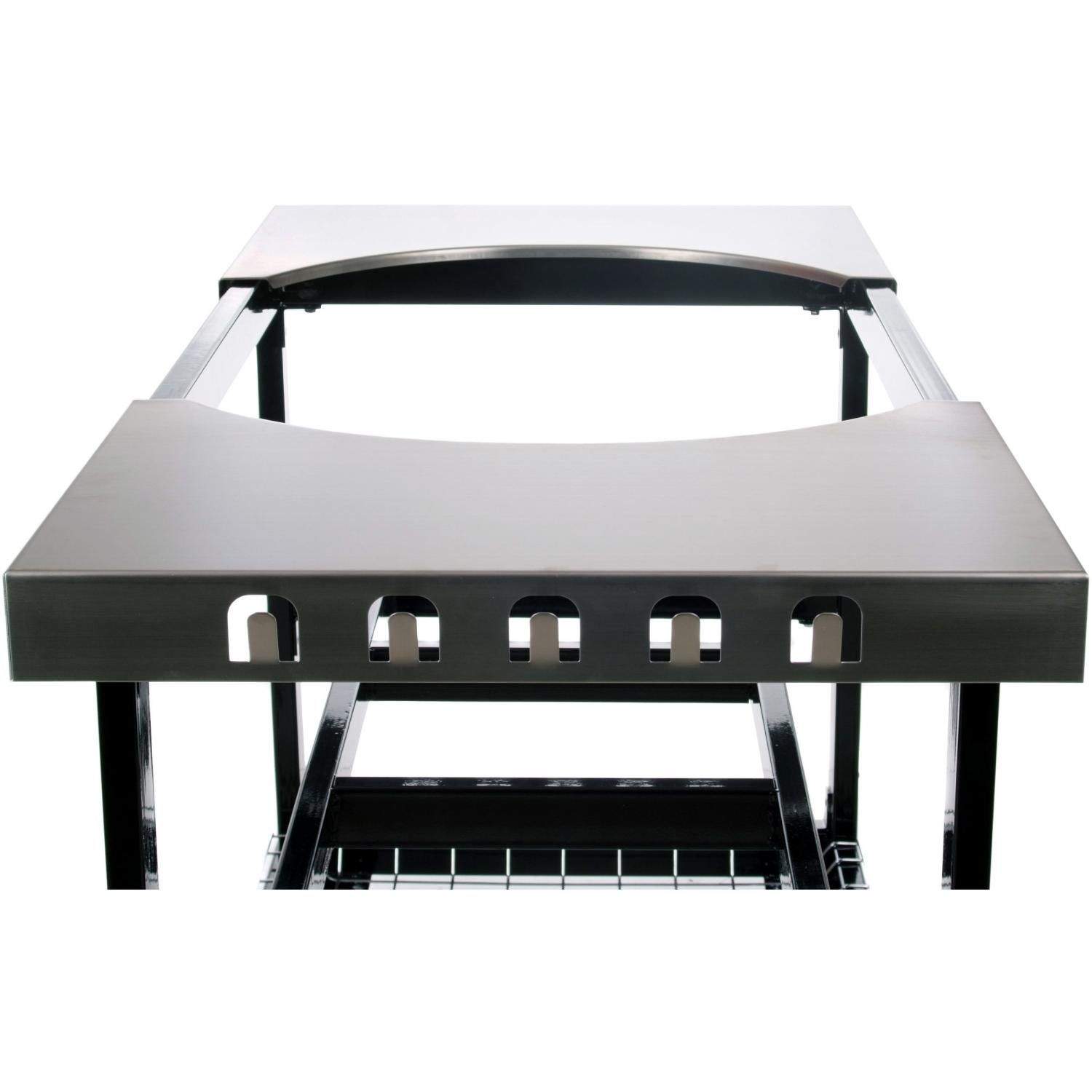 Grilling cart front with stainless top, cutout side shelf panels, and caster wheels