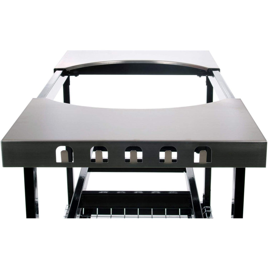 Grill cart with stainless top, black frame, and front wire rack shelf