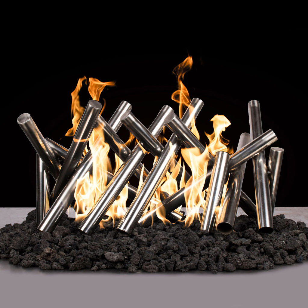 Polished stainless steel fire log set with flames rising from the cylinders