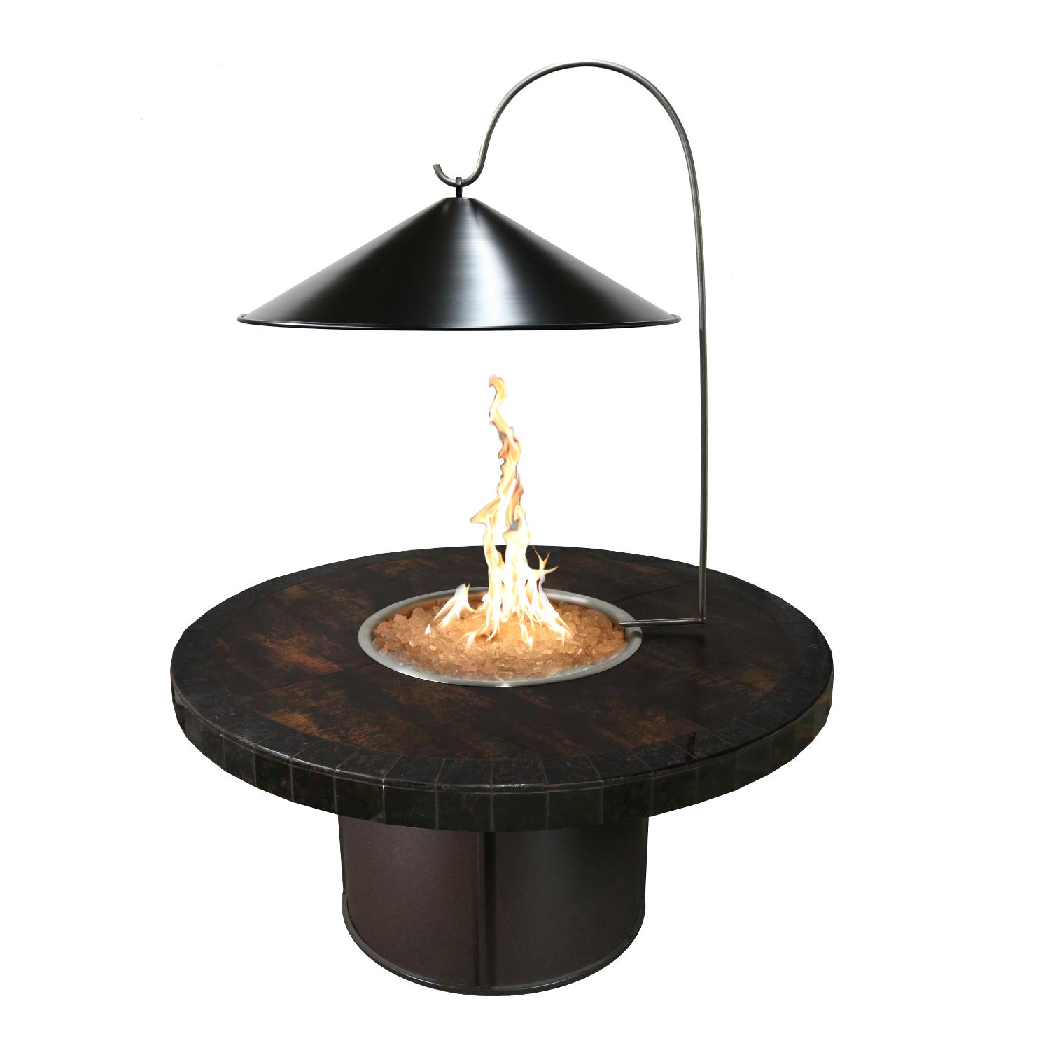 Steel cone fire pit cover with heat reflector and carrying handle, dark black finish