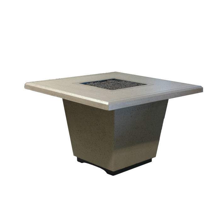 Square GFRC fire table with dark burner opening and pedestal base