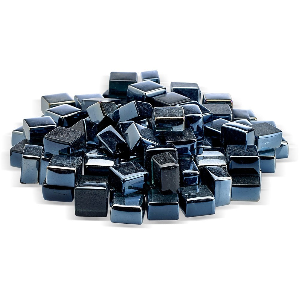 Mixed black and dark blue glossy fire glass cubes, reflective square pieces