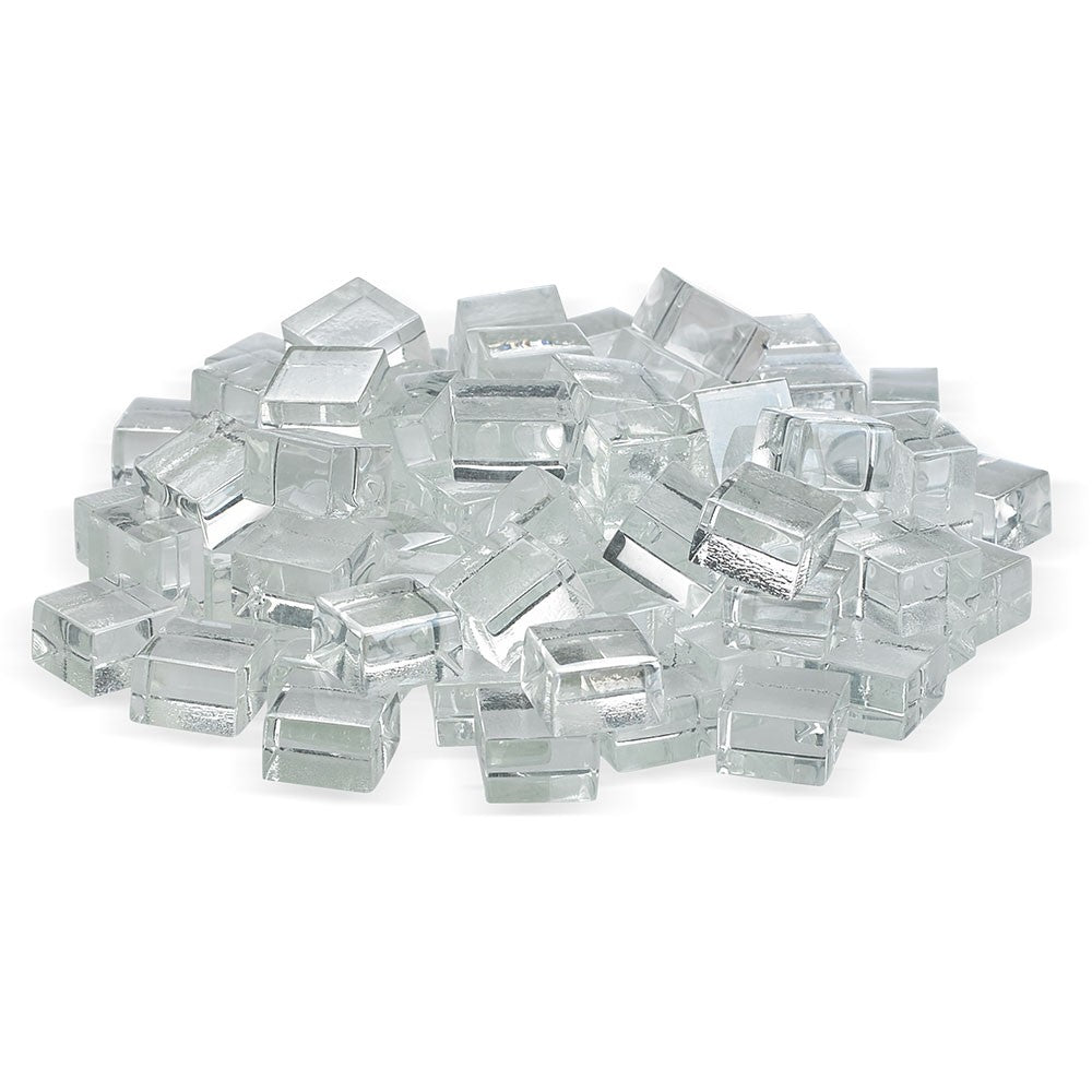 American Fire Glass Starfire luster fire glass cubes, clear silver, scattered pile