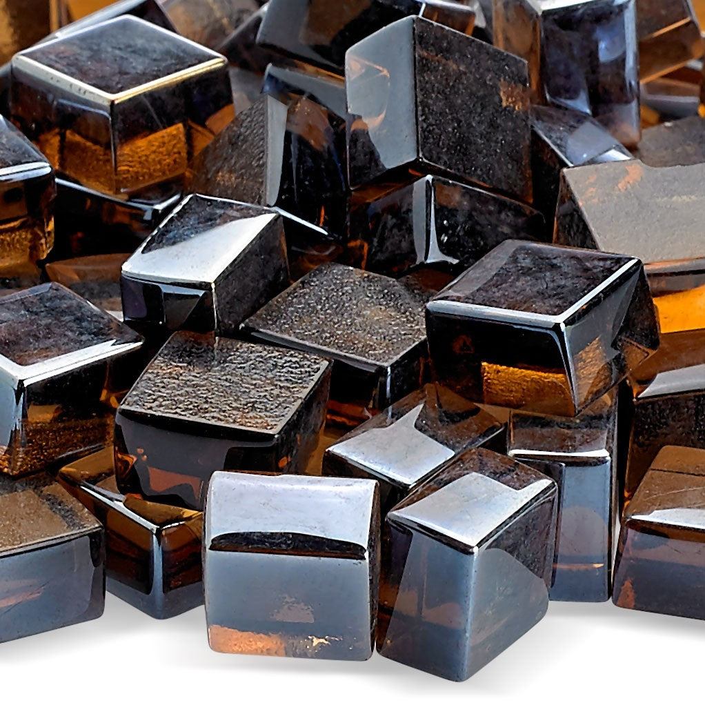 Fire glass close-up of 1/2-inch copper luster cubes with reflective metallic sides