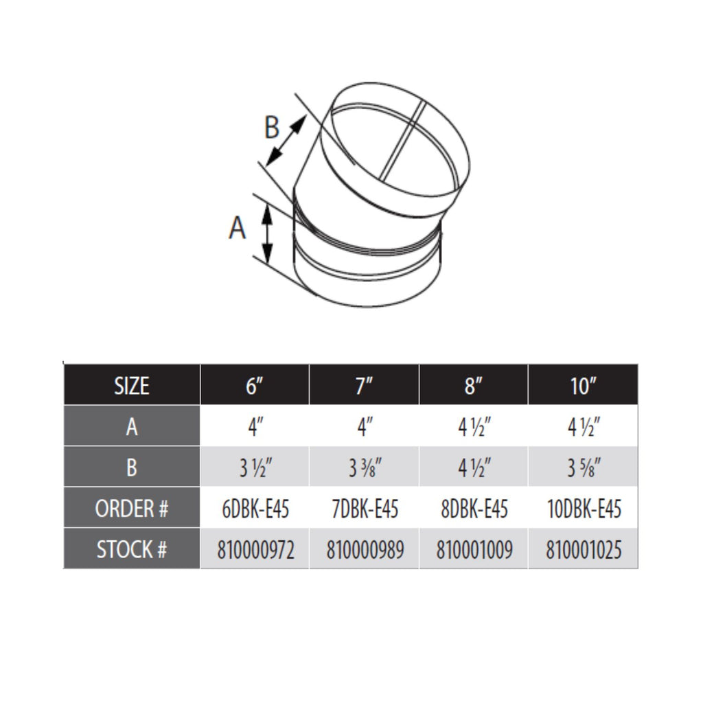 Black 45-degree vent elbow diagram with measurement A and B for sizes