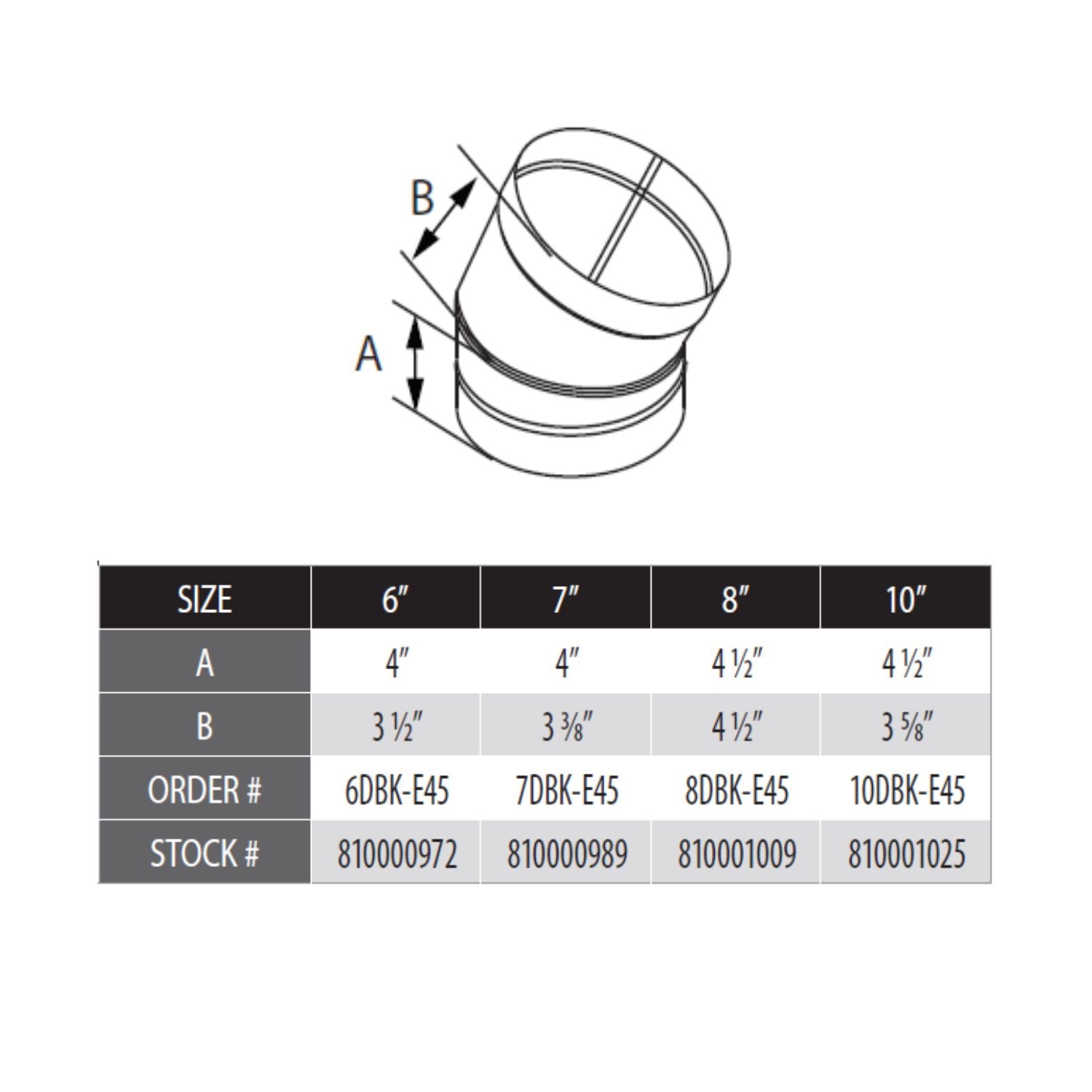 Black 45-degree vent elbow diagram with measurement A and B for sizes