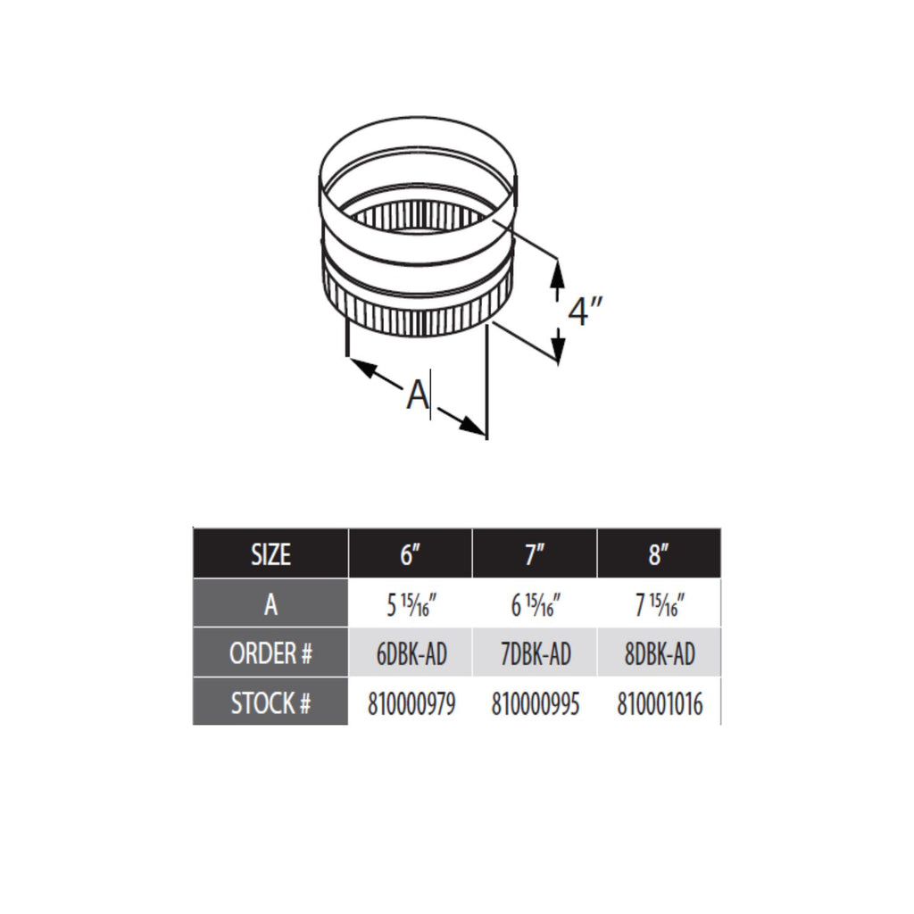 Stovetop adapter sizing chart: 6" 7" 8", A dimension and 4" height, order codes