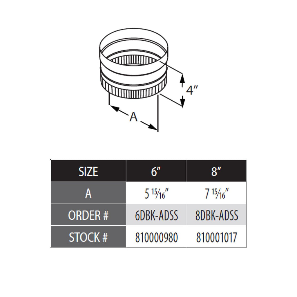 Stovetop adapter size chart and dimensions, 6 in and 8 in options shown
