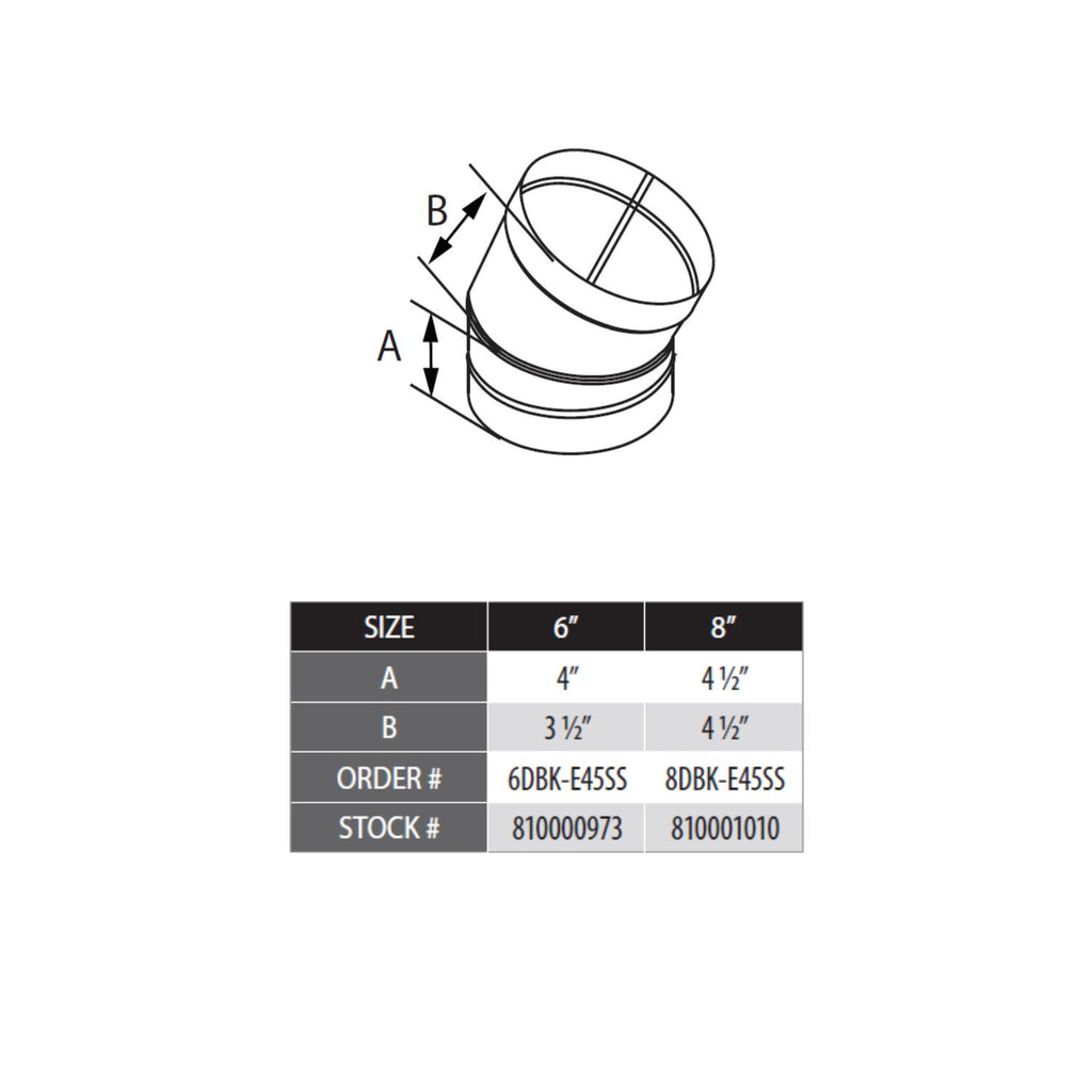 Stainless steel 45-degree elbow shown with size and order chart diagram