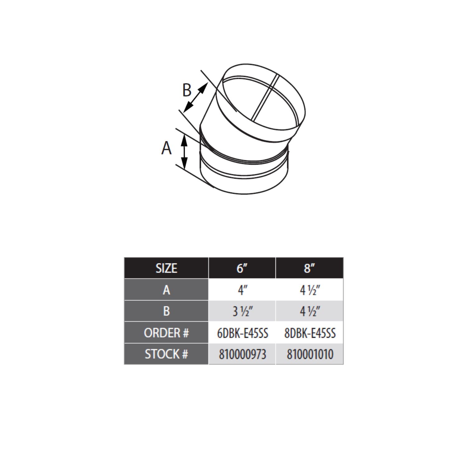 Stainless steel 45-degree elbow shown with size and order chart diagram