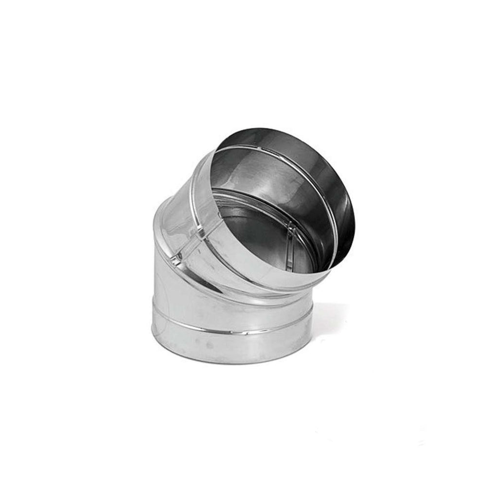 45-degree stainless steel chimney elbow with black interior, round vent connector