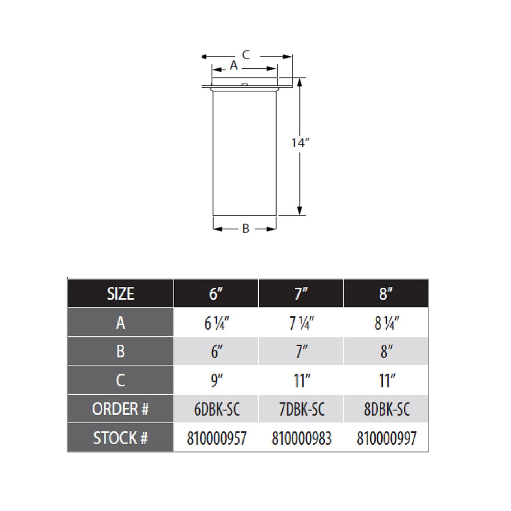 Slip connector sizing chart with 6, 7, 8 in diameters and 14 in height