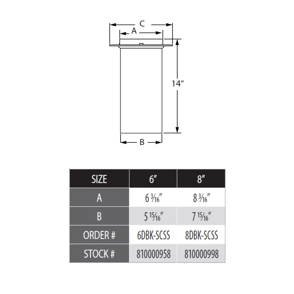 Dimensional diagram of stainless steel slip connector with black trim, 6" and 8" sizes.