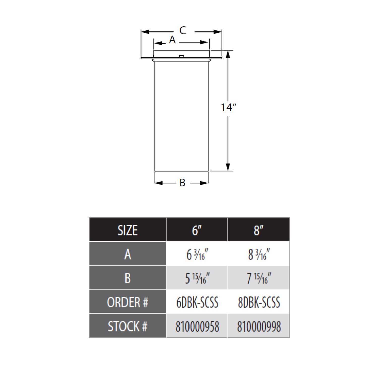 Dimensional diagram of stainless steel slip connector with black trim, 6" and 8" sizes.