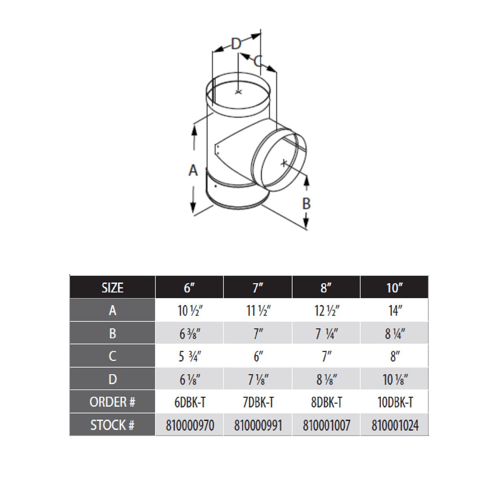 Vent tee with clean-out cap diagram with size chart and dimension arrows