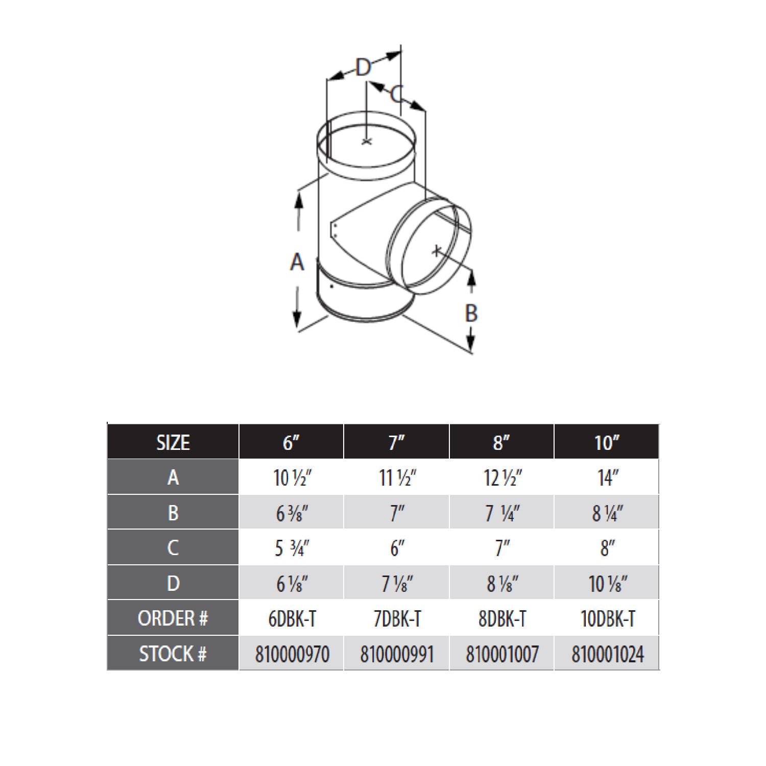 Vent tee with clean-out cap diagram with size chart and dimension arrows