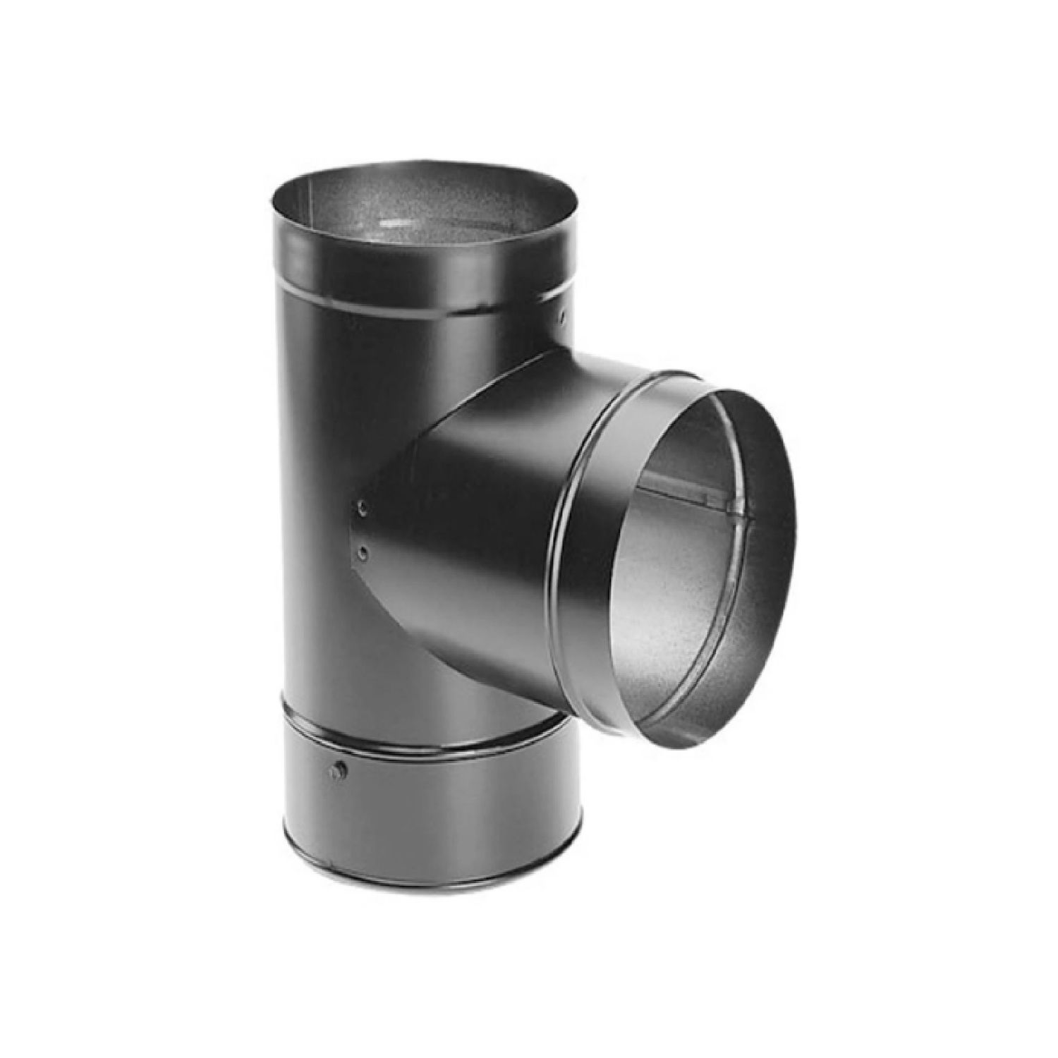Metal vent tee with clean-out cap, dark black finish and round collar outlets