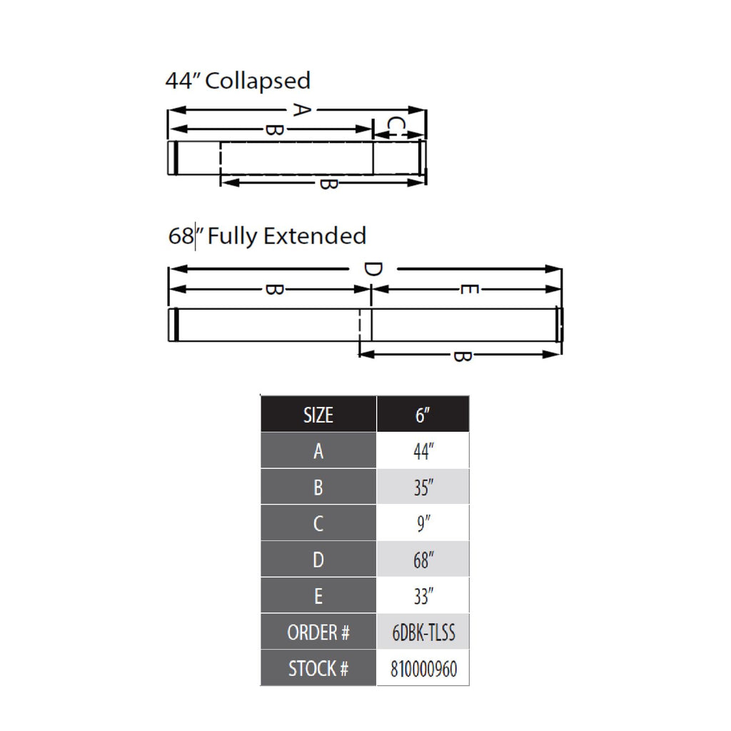 Telescoping flue length dimension chart: 44 in collapsed, 68 in fully extended