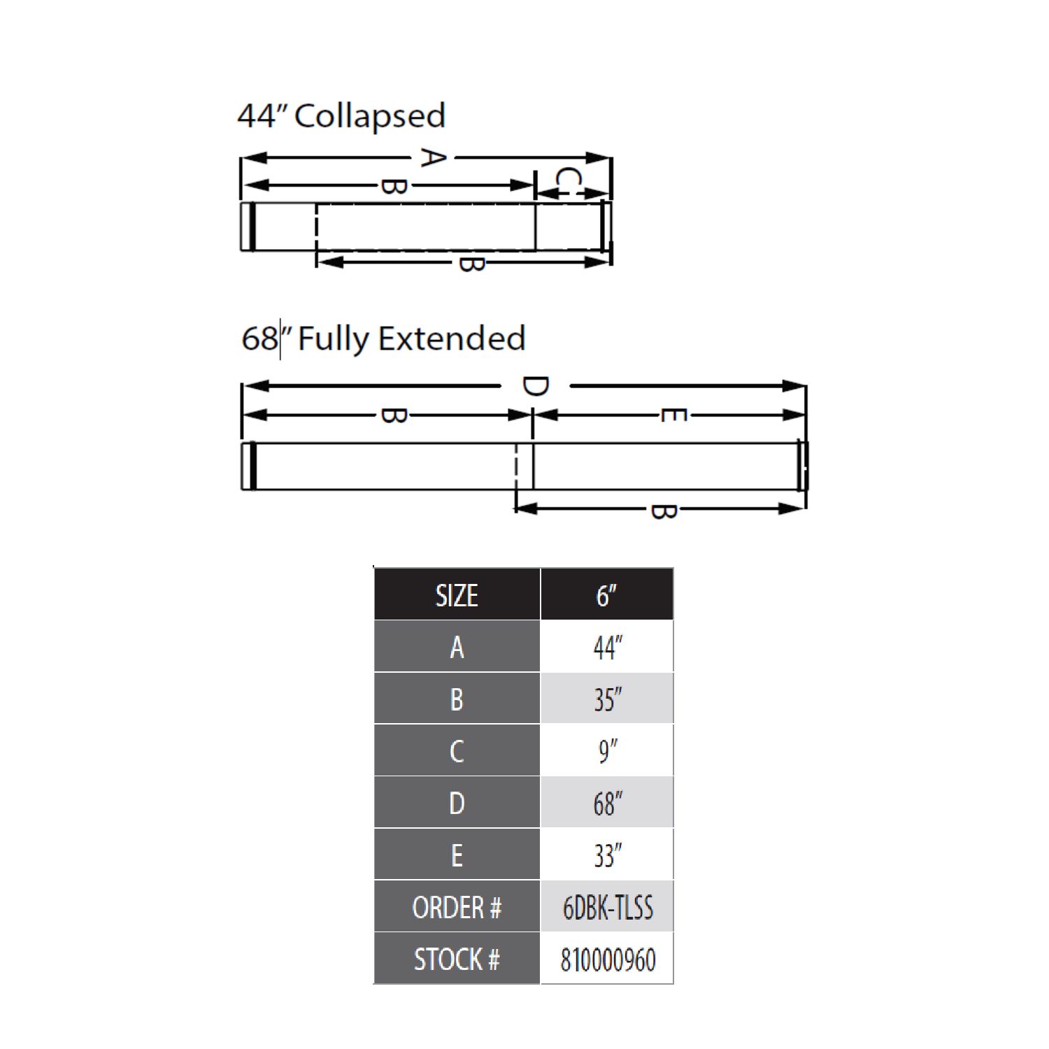 Telescoping flue length dimension chart: 44 in collapsed, 68 in fully extended