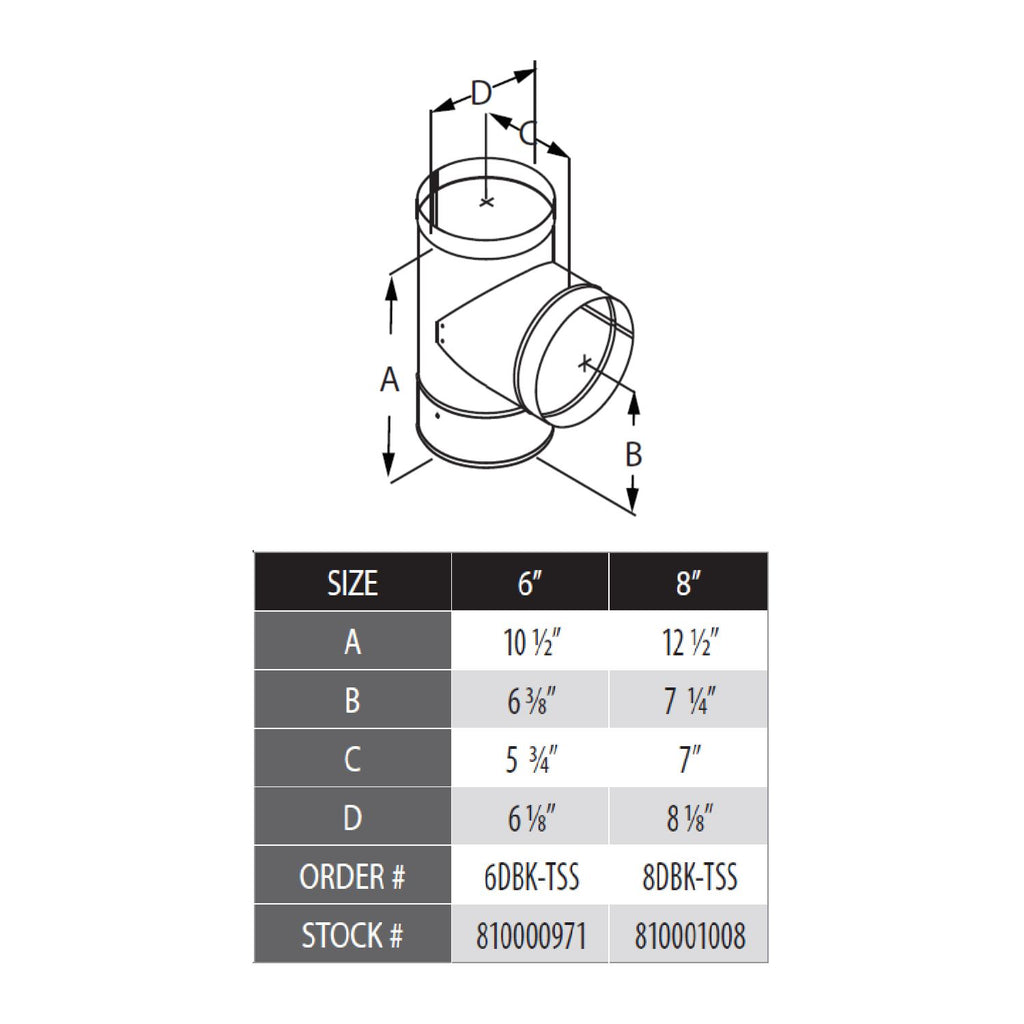 Stainless steel tee with clean-out cap dimension diagram and size table