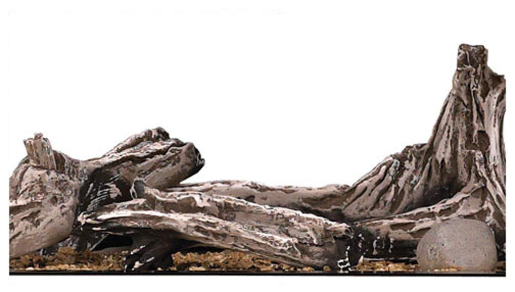 Decorative fireplace log set with river rocks, gray-brown logs and small stones