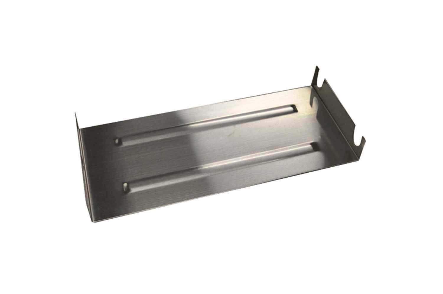 Rectangular stainless steel fireplace burner pan with two long slots and end brackets