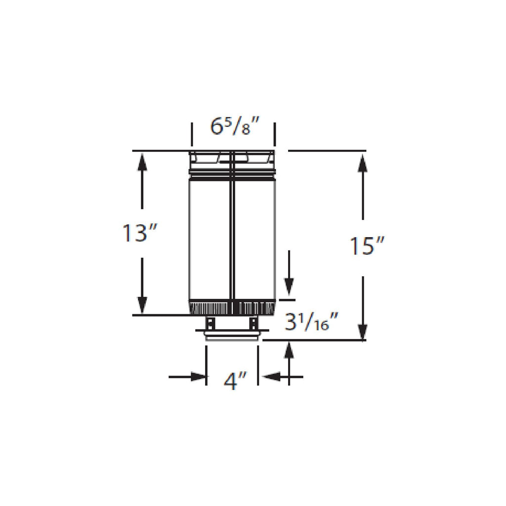DuraVent DirectVent Pro appliance adapter dimensions: 13 in tall, 4 in dia, 15 in ext