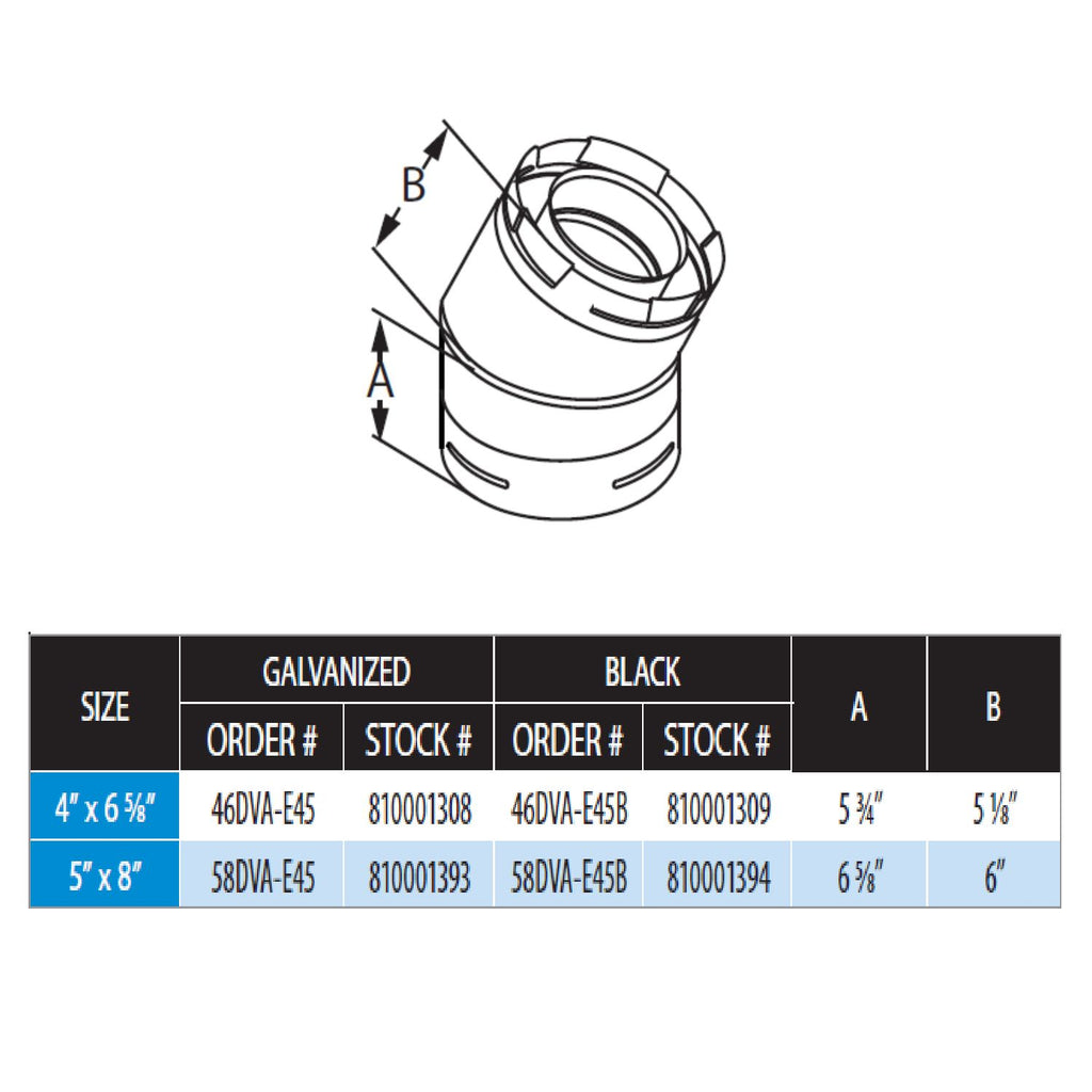 DuraVent DVA-E45 DirectVent Pro Galvanized Steel 45 Degree Elbow