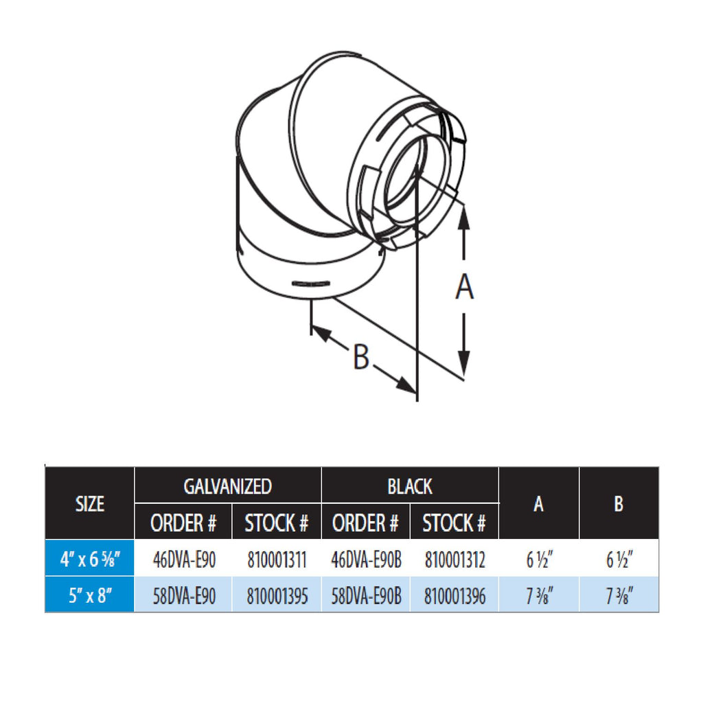 90-degree vent elbow diagram with dimension arrows A and B and size options