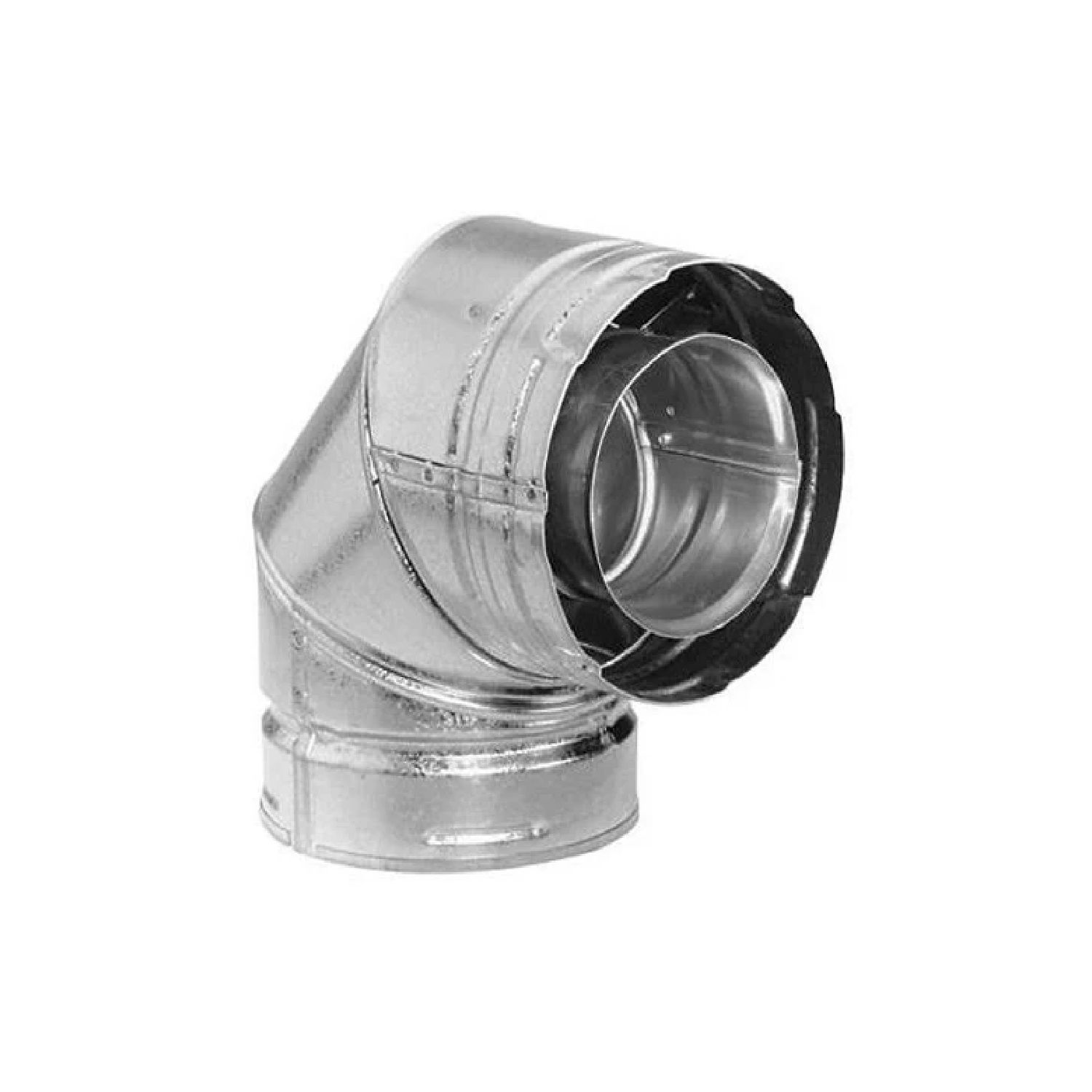 Galvanized steel 90-degree vent elbow with black inner seal and two pipe ends