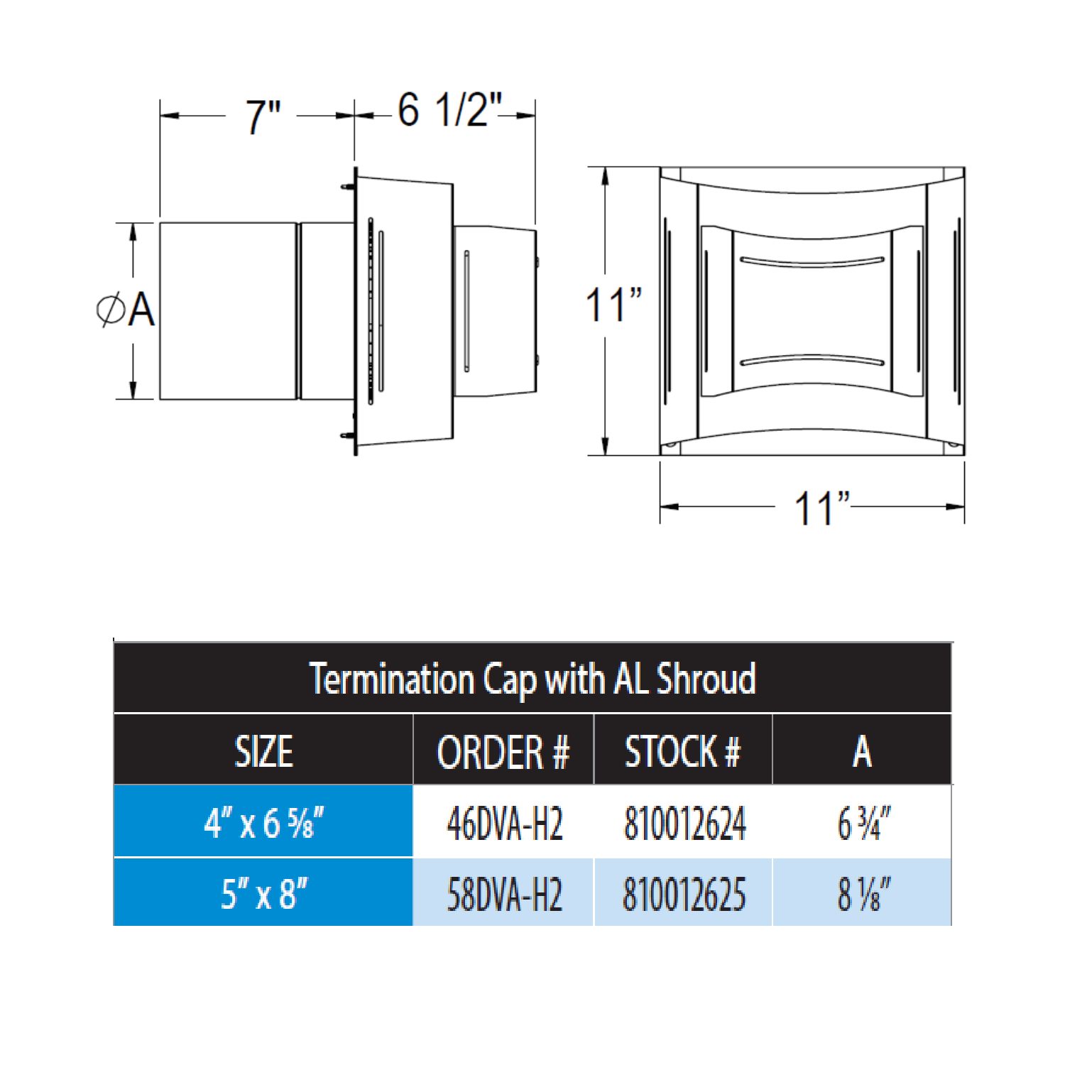 Vent termination cap size and dimension chart, 4 x 6-5/8 and 5 x 8 shown