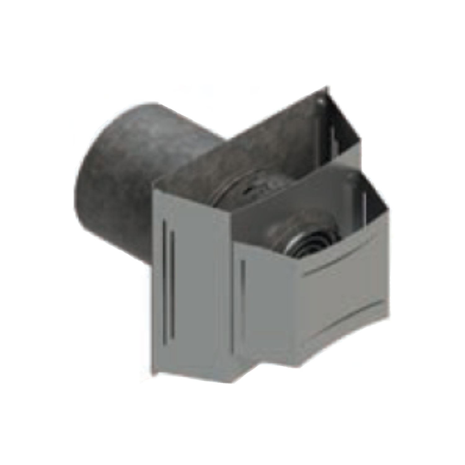 Horizontal vent termination cap with gray metal body and round collar