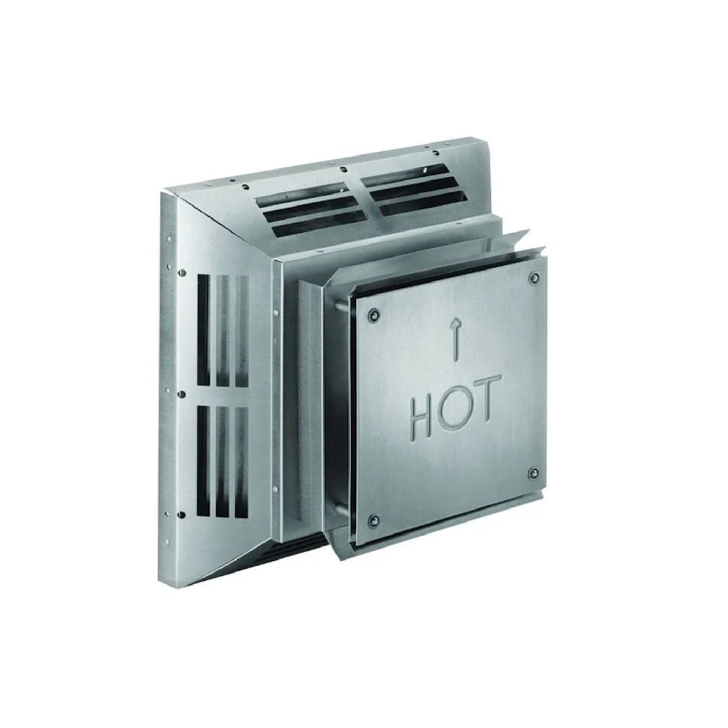 Square metal horizontal vent termination cap with louvered openings and HOT panel