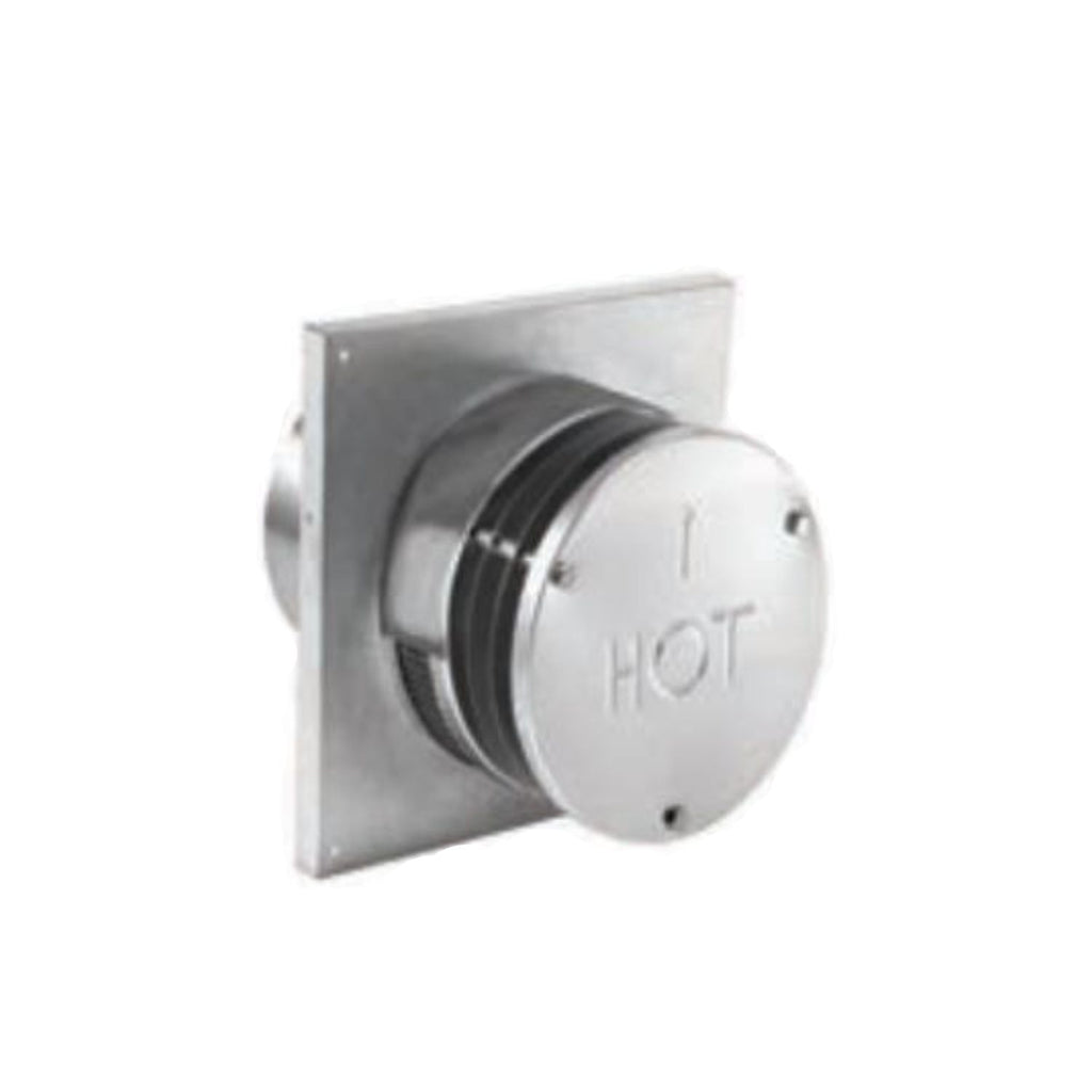 Horizontal vent termination cap with square mounting plate and round HOT label, dark collar