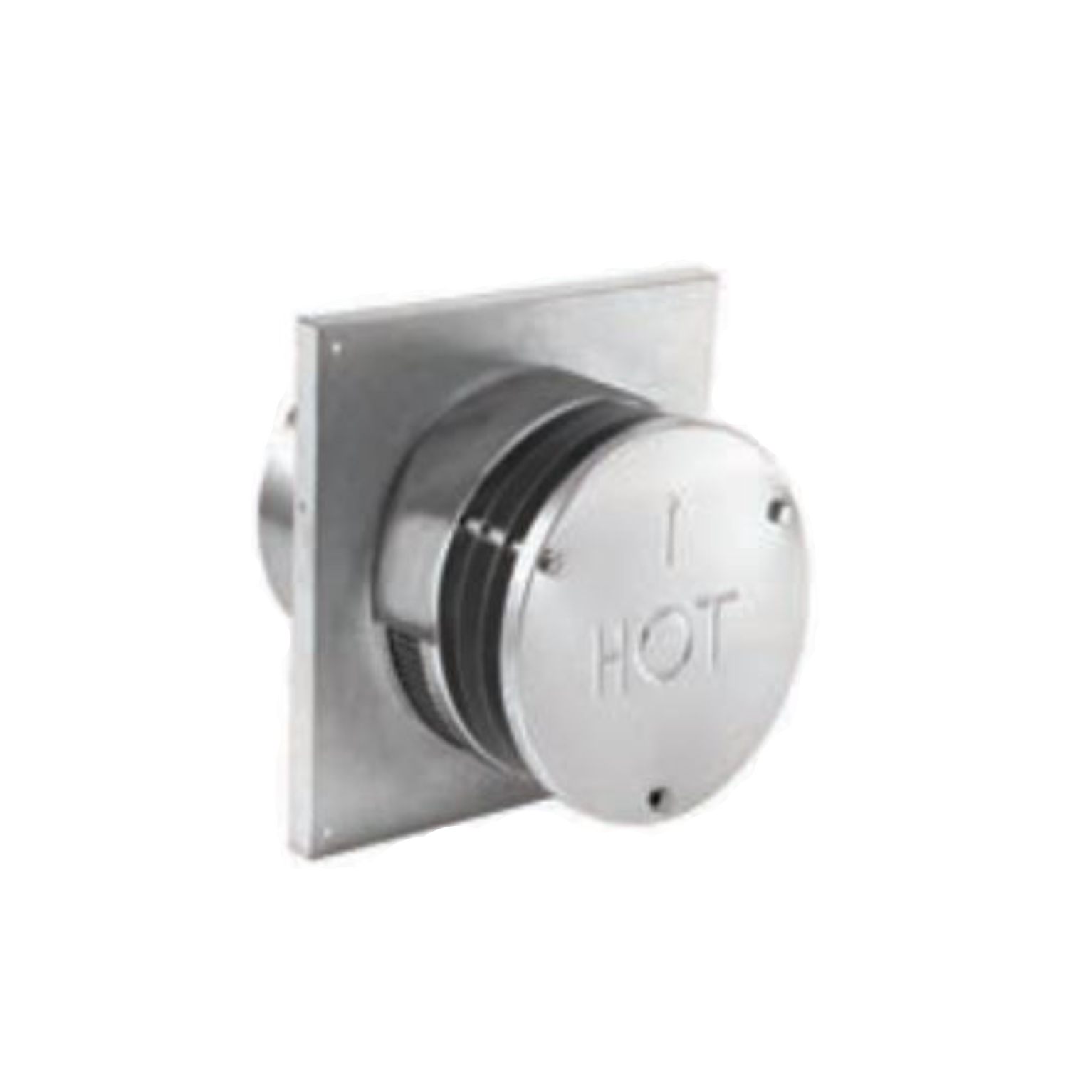 Horizontal vent termination cap with square mounting plate and round HOT label, dark collar