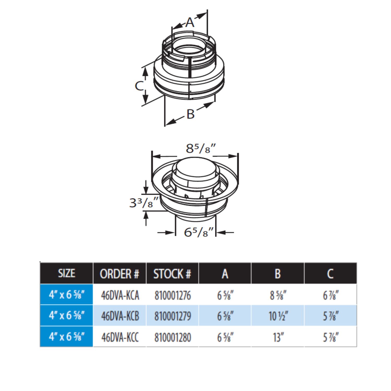 Vent conversion kit diagram with metal adapter, measurements 6 5/8 in and 8 5/8 in.