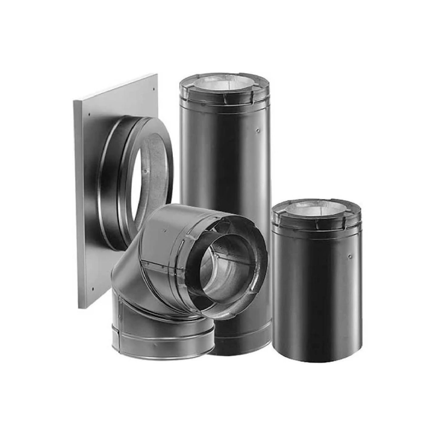 Metal vent termination kit with dark gray pipe sections, elbows, and vent caps