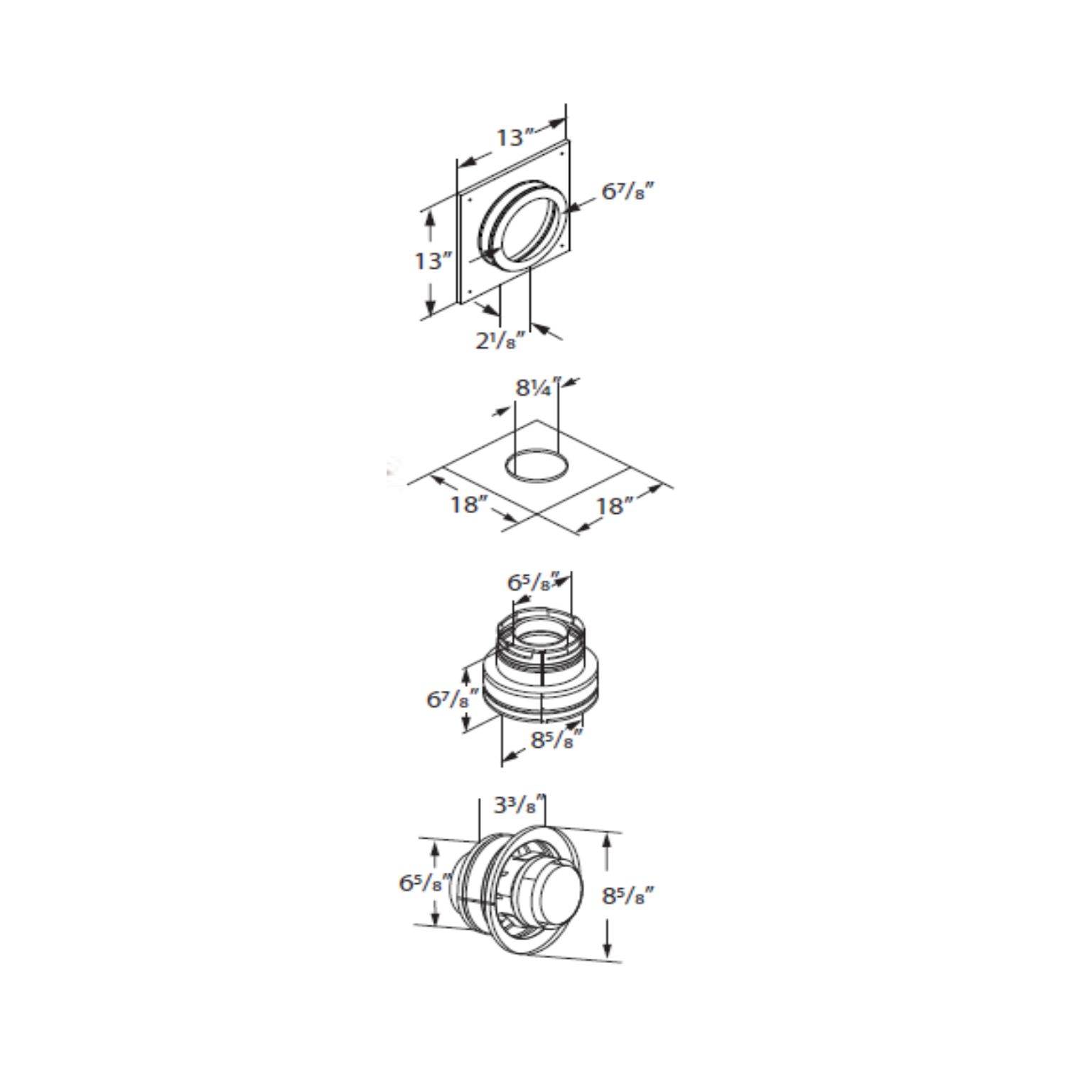 Chimney conversion kit layout diagram with measurements and circular flue parts