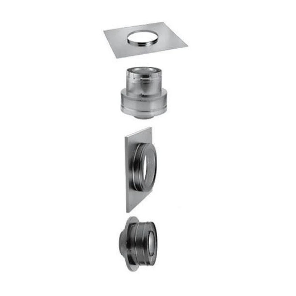 Metal chimney conversion kit parts, flue collar and mounting plate, silver finish