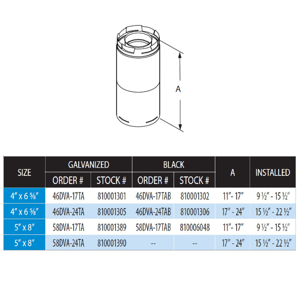 Adjustable vent pipe diagram with 11- to 17-inch height range and size chart
