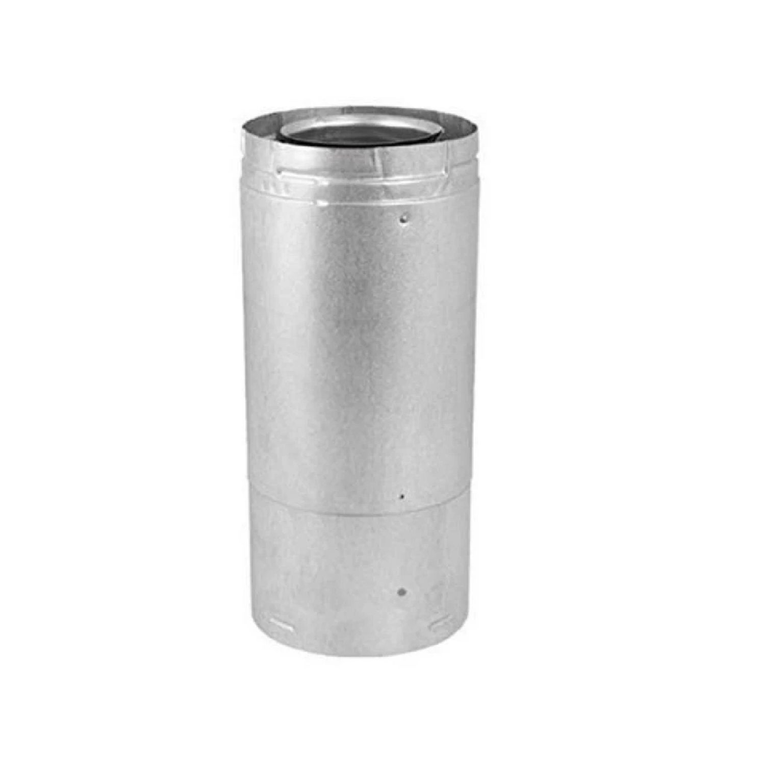 Galvanized steel vent pipe section with flanged ends and adjustable length marks.