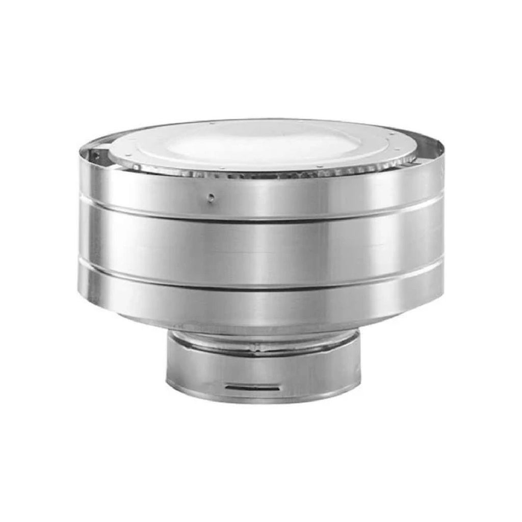 Low-profile vent termination cap with round metal top and flanged base