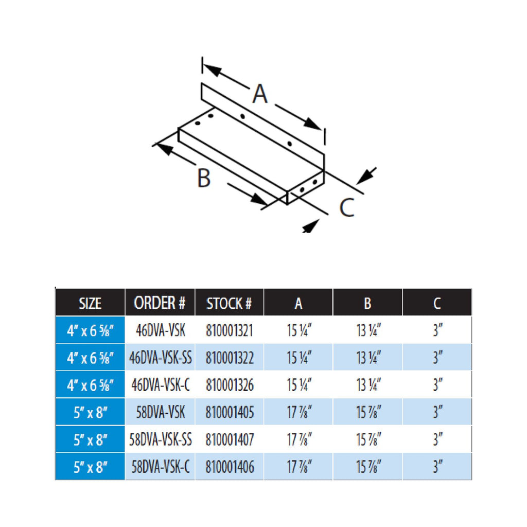 Vinyl siding standoff kit diagram with A/B/C dimension labels and size chart