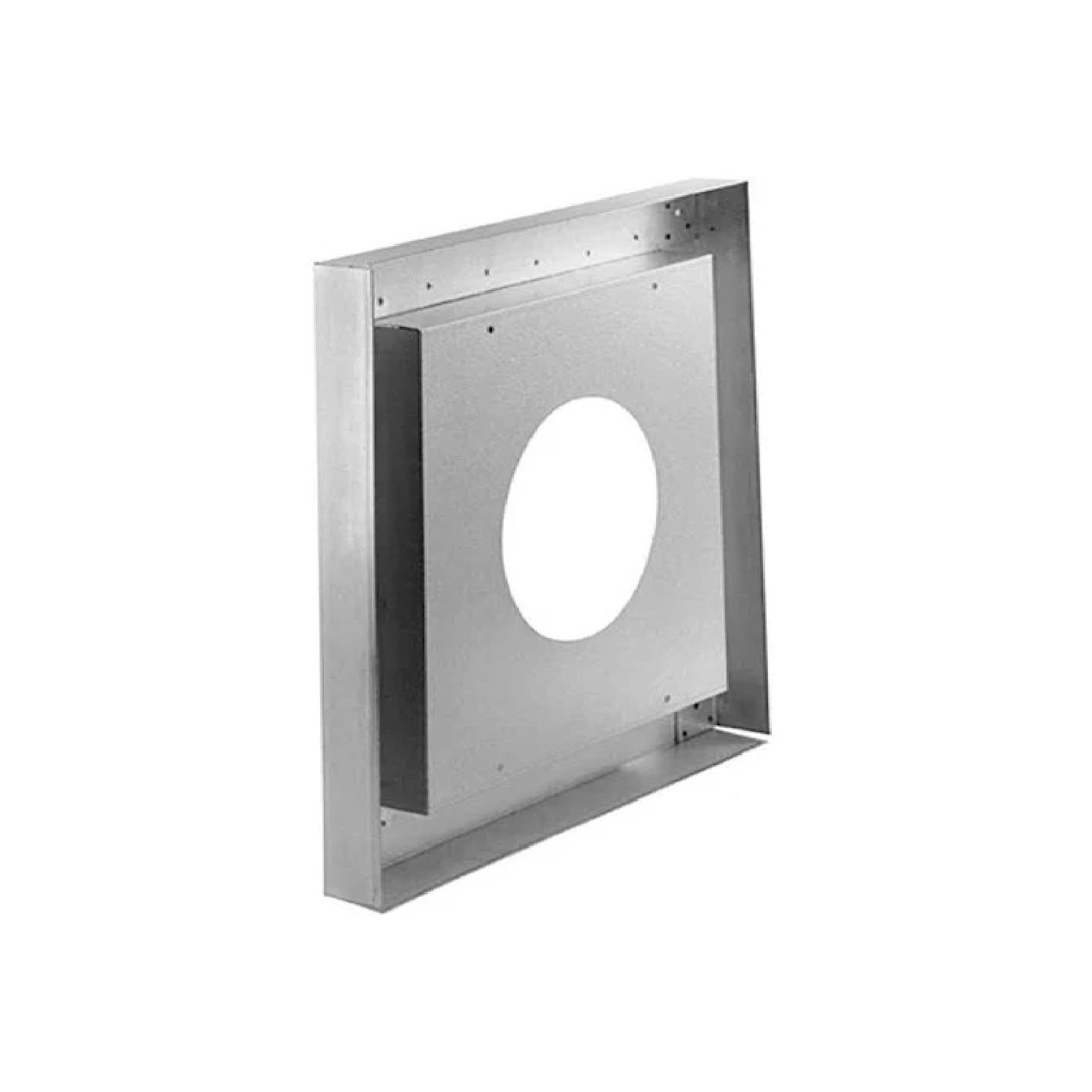 Metal vent siding standoff plate with rectangular frame and round opening