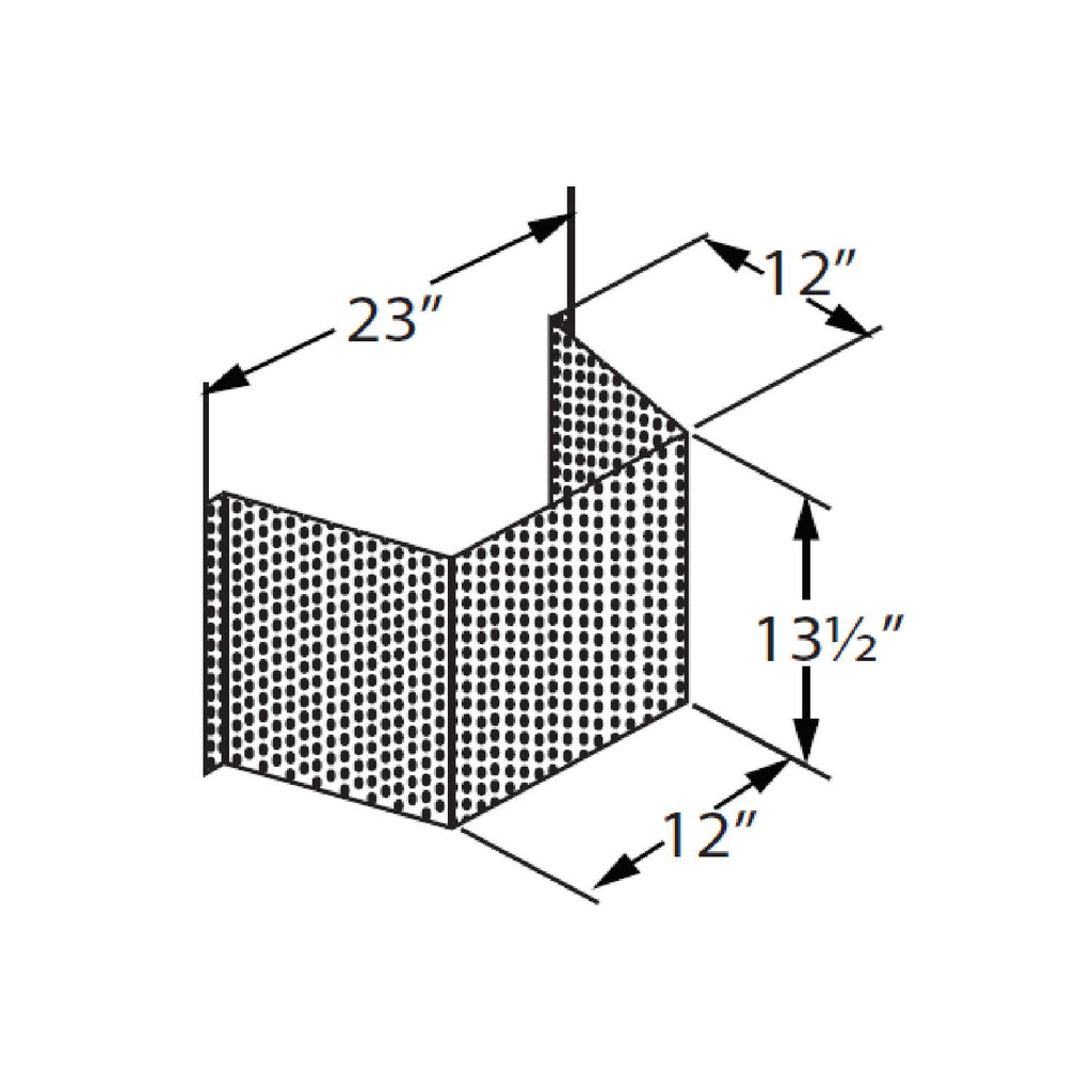 Horizontal vent windguard showing dimensions 23 in by 12 in, height 13 1/2 in