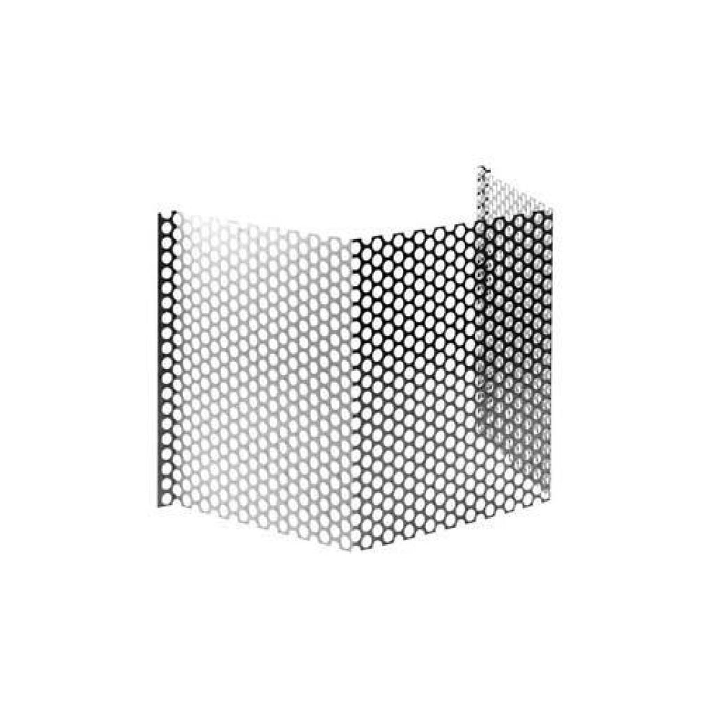 Perforated metal horizontal vent windguard, rectangular mesh panels, dark gray