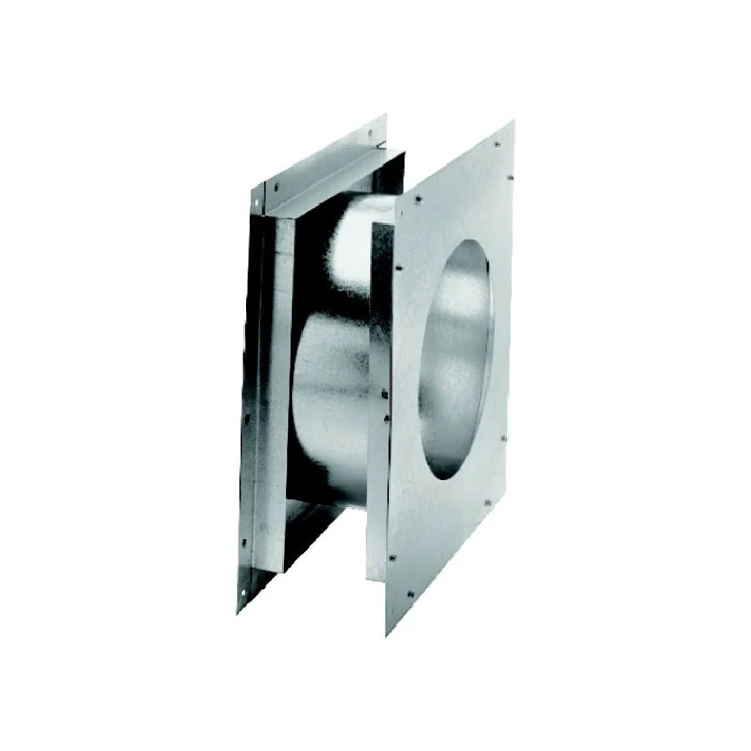 Galvanized wall thimble with round flue opening and mounting flanges, shown partially open